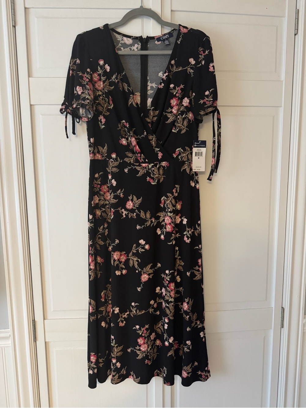 Chaps Black Floral Midi Dress with Pink Rose Print